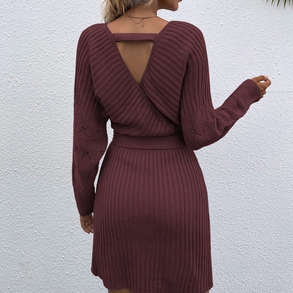 Cozy Burgundy  Cut out Back Belted Sweater Dress Minimalist - Picture 10 of 15